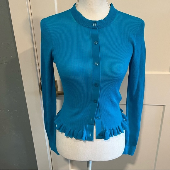 J. Crew Teal Ruffle Trim Cotton Gauze Cardigan small - Picture 3 of 10